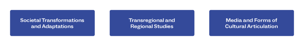 White writing on blue background, 3 buttons: Societal Transformations and Adaptations, Transregional and Regional Studies, Media and Forms of Cultural Articulation 